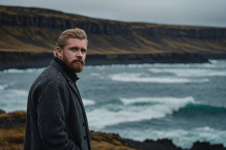 Portrait of a bearded hipster man wearing a coat and looking at the camera in Icelandの素材