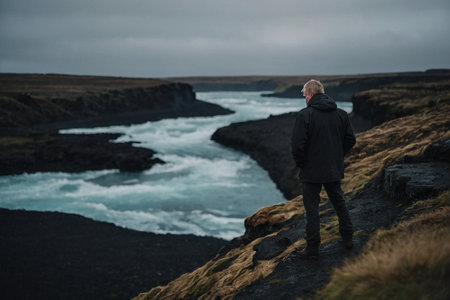 A man standing on a cliff and looking at a waterfall in Icelandの素材