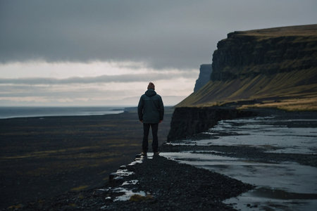 Icelandic landscape with man standing on the edge of a cliffの素材