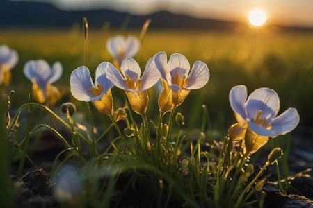 Beautiful spring crocus flowers in the meadow at sunset.の素材