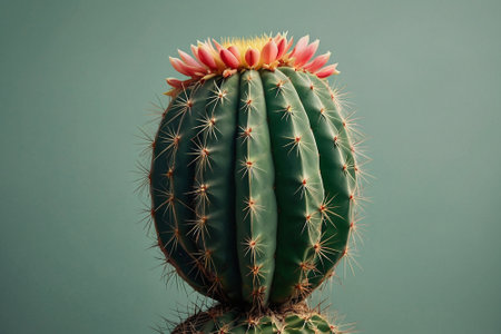 Cactus with colorful flowers on a green background. Minimal style.の素材