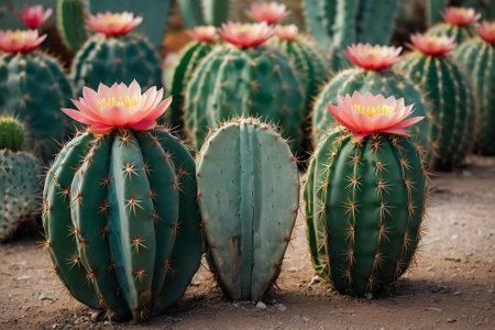 Cactuses with pink flowers in botanical garden, Thailand.の素材