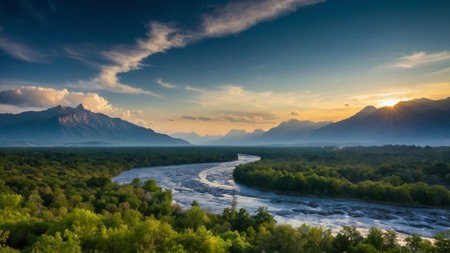 Panoramic view of the mountains and the river at sunset.の素材