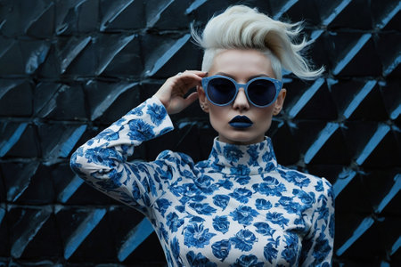 Fashion portrait of a beautiful blonde girl with short hair and blue sunglasses. Beauty, fashion. Optics.の素材