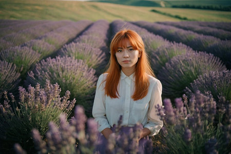 Portrait of a beautiful red-haired girl in a lavender field.の素材