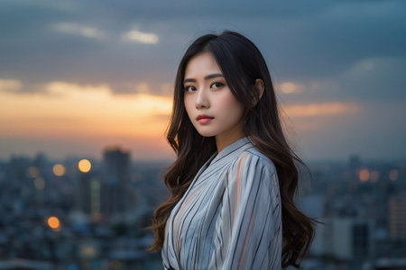 Beautiful asian businesswoman standing in the city at sunset.の素材