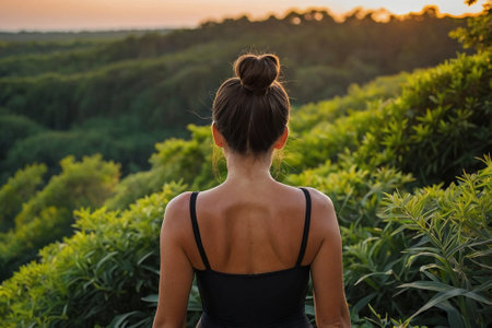 Back view of a young woman in sportswear standing on the edge of a tea plantation and looking at the sunsetの素材