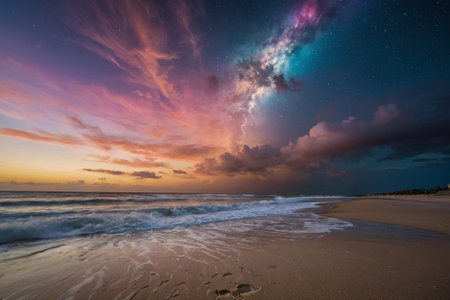 Fantastic starry sky over the sea. Colorful sunrise over the sea.の素材