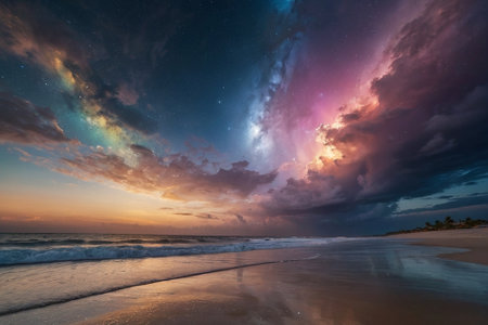 Aurora Borealis over the beach at sunset, Bali, Indonesiaの素材