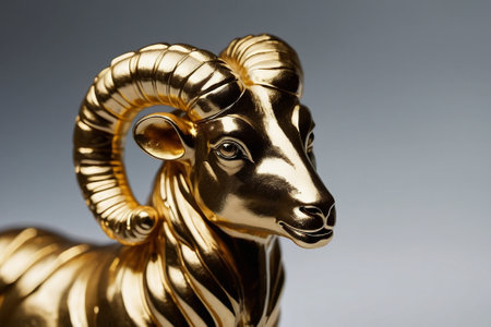 Golden ram statue on gray background.の素材