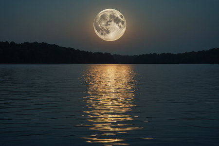 Beautiful full moon reflected in the lake at sunset. Nature background.の素材