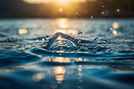 Water drop on the surface of the water. Splash effect after collision a falling drops with water Surfaceの素材