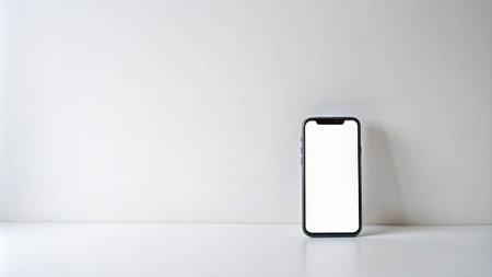 Smartphone with blank screen on white table and white wall background.の素材