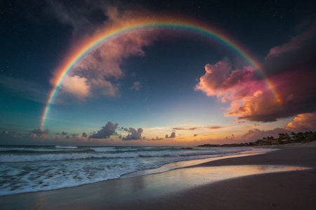 Rainbow over the beach at night, Bali island, Indonesiaの素材