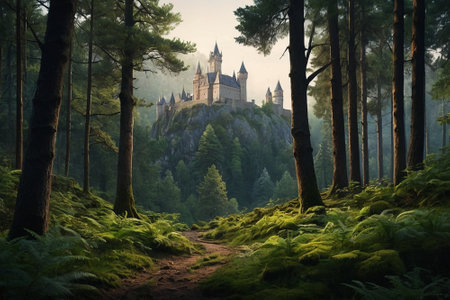 Fairytale castle in the misty forest. Fairytale landscape.の素材