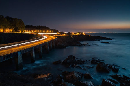A long exposure shot of a long exposure of a road leading into the sea at nightの素材
