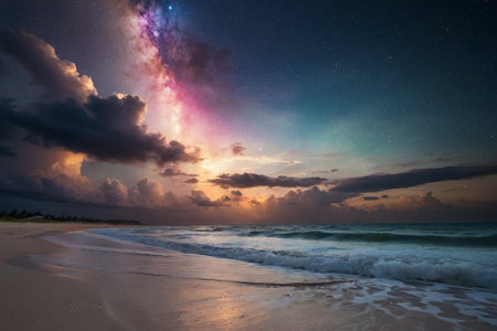 Milky Way over the sea with starry sky and sand beachの素材