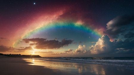Rainbow over the sea in the night sky. Long exposure.の素材