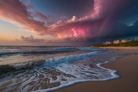 Rainbow over the ocean at sunset in Varadero, Cubaの素材
