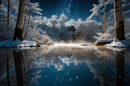 winter landscape with a river and the starry sky reflected in the waterの素材