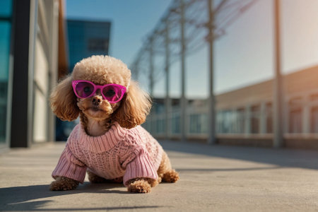 Portrait of a poodle dog wearing a pink sweater and sunglassesの素材