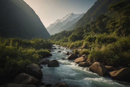 Mountain river in the Himalayas, Annapurna Conservation Area, Nepalの素材