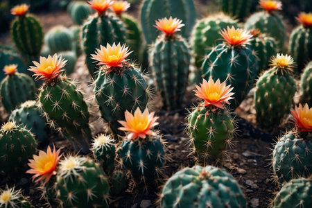 Cactus with orange flowers in a botanical garden. Selective focus.の素材