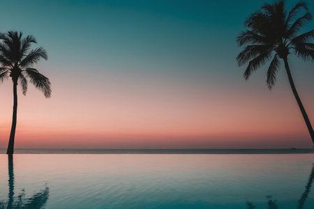 Beautiful Silhouette palm tree with umbrella and chair around swimming pool in hotel resort - Vintage Filter and Boost up color Processingの素材