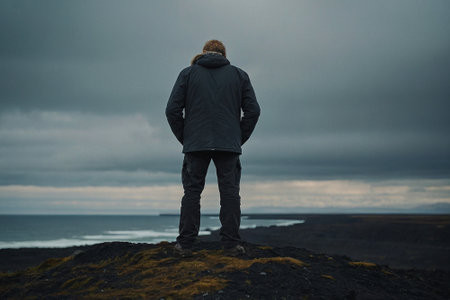 Rear view of a man standing on a rock in Iceland.の素材