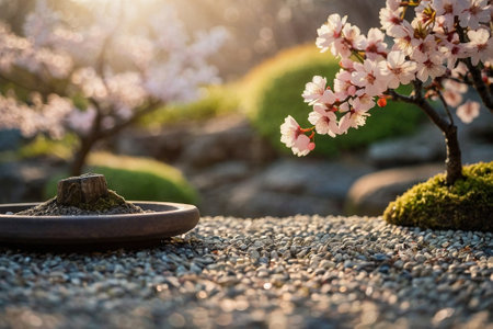 Bonsai tree and cherry blossom in the garden with sunlightの素材