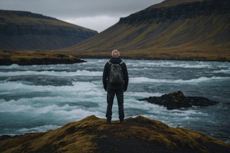 A man standing on the edge of a cliff overlooking a mountain river in Icelandの素材