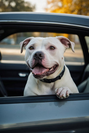 American staffordshire bull terrier sitting in car and looking upの素材
