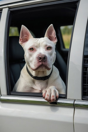 White American staffordshire bull terrier looking out of car windowの素材