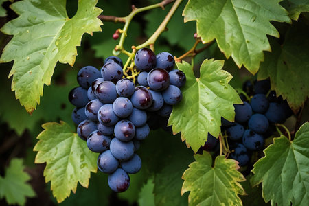 Bunch of red wine grapes on the vine with green leaves.の素材