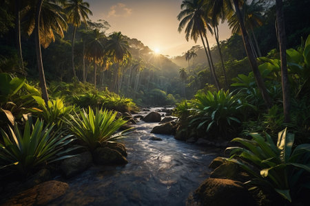 Tropical jungle with palm trees and river at sunset, Sri Lankaの素材