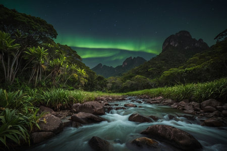 Northern lights over a river in the rainforest of New Zealand.の素材