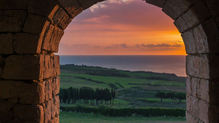 Sunset view from the window of a castle in Tuscany, Italyの素材