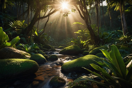 Sun rays shining through the green moss in the tropical rainforest.の素材