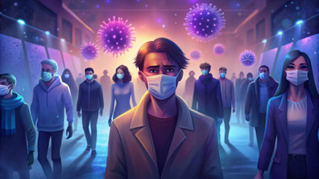 Coronavirus 2019-nCoV. People in medical mask against virus backgroundの素材