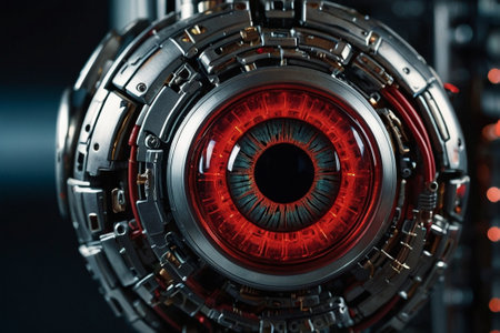 Close-up view of a robotic eye. 3d rendering.の素材