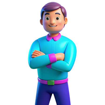 3D illustration of a young man with arms crossed, isolated on white backgroundの素材