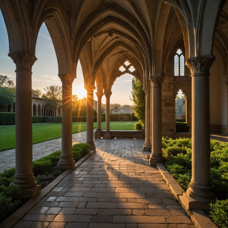 Sunset over the cloister of the University of Cambridge, Englandの素材