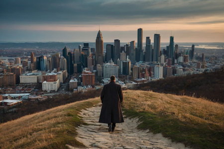 A young man in a black coat walks along the path leading to the skyscrapers of the city.の素材