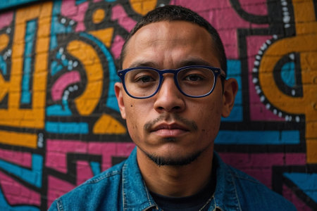 Portrait of a young latin man with glasses against a graffiti wallの素材
