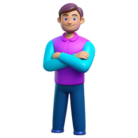 3D illustration of a cartoon character with casual clothes and arms crossedの素材