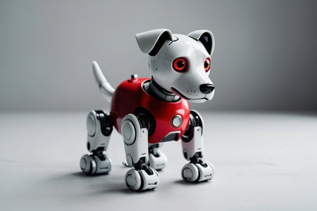 Robot toy on gray background. Artificial intelligence concept. Copy space.の素材