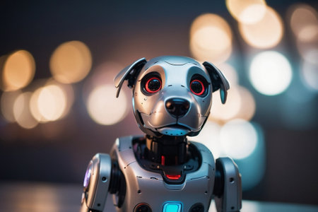 Robot toy on blurred bokeh background. Artificial intelligence concept.の素材