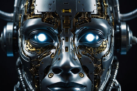 3d rendering humanoid robot with glowing blue eyes on dark black backgroundの素材