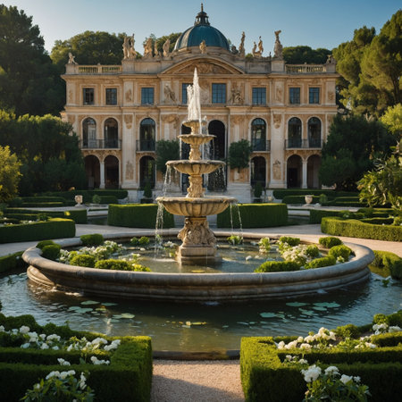 Garden with fountain and palace of Aranjuez, Spainの素材