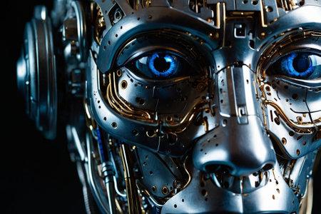 Closeup of futuristic robot head with blue eyes. 3d renderingの素材